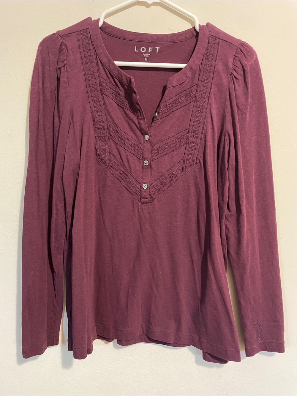 LOFT Long-Sleeve Henley Top in Plum. Size medium.